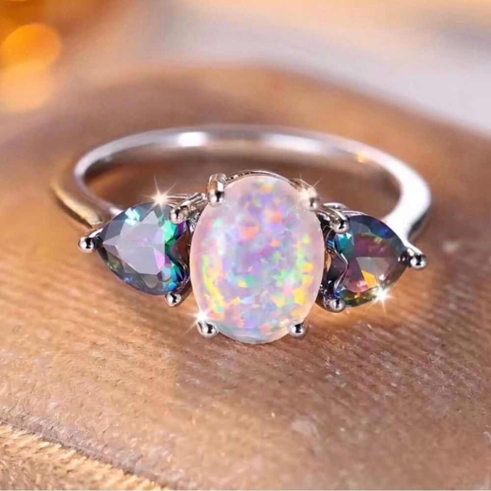 Sterling Silver White Opal & Mystic Topaz Three-Stone Ring